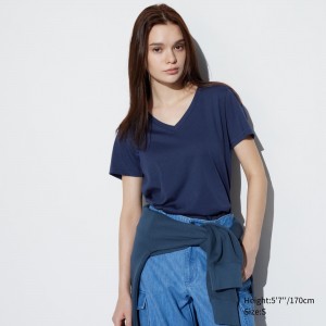 Camiseta Uniqlo 100pct Supima Cotton V Neck Short Sleeved T-Shirt Mujer Azules | 738-PKVJWI