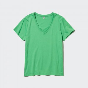 Camiseta Uniqlo 100pct Supima Cotton V Neck T-Shirt Mujer Verde | 149-ZYWDGE