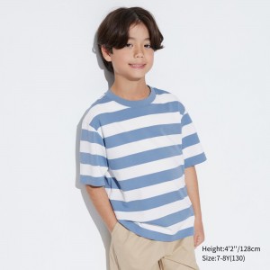 Camiseta Uniqlo Airism Cotton Striped Crew Neck Short Sleeved T-Shirt Niños Azules | 507-NTHLSA