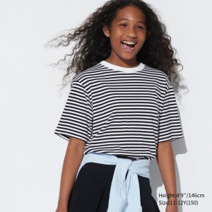 Camiseta Uniqlo Airism Cotton Striped Crew Neck T-Shirt Niños Negras | 235-RAPFGX