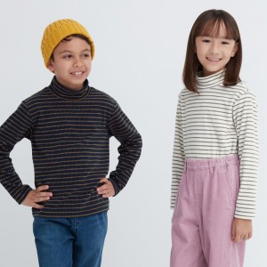 Camiseta Uniqlo Fleece Ribbed Striped High Neck Long Sleeved T-Shirt Niños Azul Marino | 180-EDOTVC