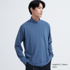 Camiseta Uniqlo Fleece Stretch Mock Neck Long Sleeved T-Shirt Hombre Azules | 708-WIYVKG