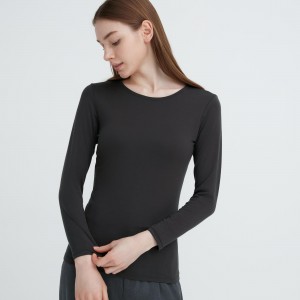 Camiseta Uniqlo Heattech Crew Neck Long Sleeved Thermal Top Mujer Gris Oscuro | 953-UWNRZH
