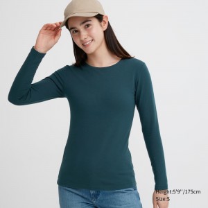 Camiseta Uniqlo Heattech Extra Warm Cotton Crew Neck Long Sleeved Thermal Top Mujer Verde Oscuro | 637-SOQPBY
