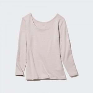 Camiseta Uniqlo Heattech Extra Warm Cotton Scoop Neck Long Sleeved Thermal Top Mujer Gris Claro | 154-BMVPGK