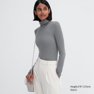 Camiseta Uniqlo Heattech Extra Warm Seamless Ribbed Turtleneck Long Sleeved Thermal Top Mujer Gris | 813-FIZRVW