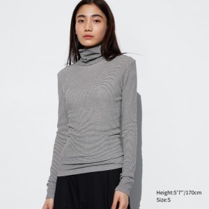 Camiseta Uniqlo Heattech Extra Warm Seamless Ribbed Striped Turtleneck Long Sleeved Thermal Top Mujer Blancas | 135-UEQXZT