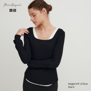 Camiseta Uniqlo Heattech Extra Warm Waffle Square Neck Long Sleeved Thermal Top Mujer Negras | 851-DRULWO