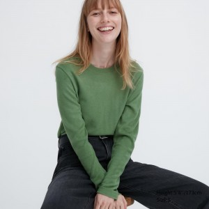Camiseta Uniqlo Heattech Fleece Crew Neck Long Sleeved Thermal Top Mujer Verde | 150-FYLUJK