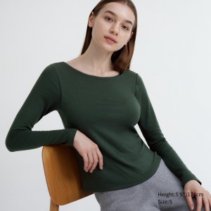 Camiseta Uniqlo Heattech Ribbed Scoop Neck Long Sleeved Thermal Bra Top Mujer Verde Oscuro | 735-FSKQBU