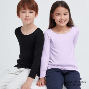 Camiseta Uniqlo Heattech Scoop Neck Long Sleeved Thermal Top Niños Negras | 304-VEFJBU