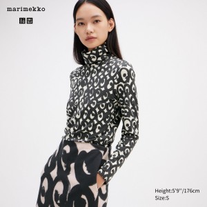 Camiseta Uniqlo Heattech Swirl Print Turtleneck Long Sleeved Thermal Top Mujer Negras | 032-MQXJLO