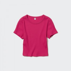 Camiseta Uniqlo Ribbed Cropped Crew Neck T-Shirt Mujer Rosas | 527-ILAMCF