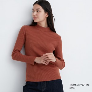 Camiseta Uniqlo Ribbed High Neck Long Sleeved T-Shirt Mujer Naranjas Oscuro | 561-EPLDRS