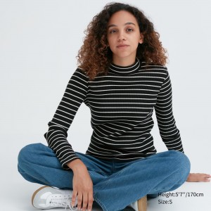 Camiseta Uniqlo Ribbed Striped High Neck Long Sleeved T-Shirt Mujer Negras | 350-CBTKLQ
