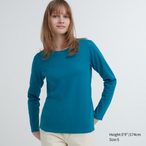 Camiseta Uniqlo Smooth Cotton Stretch Crew Neck Long Sleeved T-Shirt Mujer Verde | 452-XHFQPU