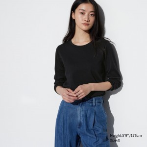 Camiseta Uniqlo Smooth Cotton Stretch Crew Neck Long Sleeved T-Shirt Mujer Negras | 310-PFNABG