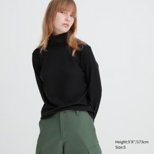 Camiseta Uniqlo Smooth Cotton Stretch Turtleneck Long Sleeved Top Mujer Negras | 054-ZWUMJS