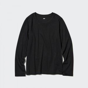 Camiseta Uniqlo Smooth Stretch Cotton Crew Neck Long Sleeved Top Mujer Negras | 319-YEDBVU