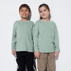 Camiseta Uniqlo Soft Brushed Algodon Crew Neck Long Sleeved T-Shirt Niños Verde | 985-TXPMKH