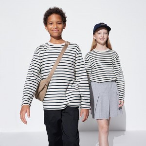 Camiseta Uniqlo Soft Brushed Cotton Striped Crew Neck Long Sleeved T-Shirt Niños Blancas | 768-RTOYLC