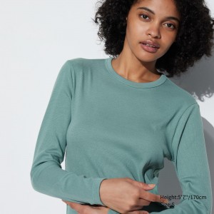 Camiseta Uniqlo Soft Ribbed Fitted Crew Neck Long Sleeved T-Shirt Mujer Verde | 986-OBTGQC