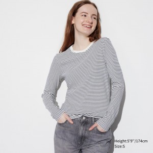 Camiseta Uniqlo Soft Ribbed Fitted Striped Crew Neck Long Sleeved T-Shirt Mujer Blancas | 456-WNJYDR