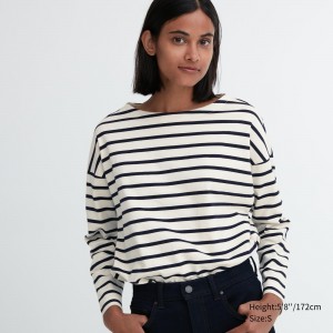 Camiseta Uniqlo Striped Long Sleeved T-Shirt Mujer Blancas | 675-ATXCZF