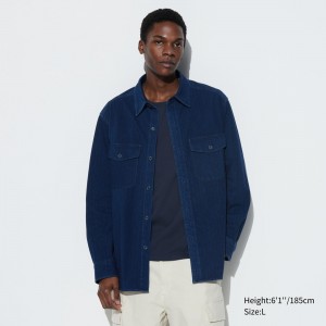 Chaquetas Uniqlo Denim Jersey Overshirt Hombre Azules | 085-KNUPHV