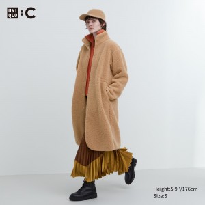 Chaquetas Uniqlo Pile Lined Fleece Stand Collar Coat Mujer Beige | 836-OGMEAP