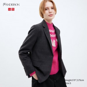 Chaquetas Uniqlo Single Breasted Checked Jacket Mujer Gris Oscuro | 805-WELYUV