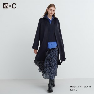 Chaquetas Uniqlo Wool Blend Wrap Coat Mujer Azul Marino | 702-IPSWBQ