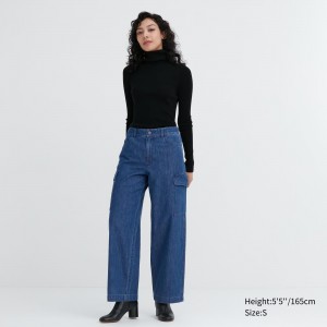 Jeans Uniqlo Denim Wide Leg Cargo Trousers Mujer Azules | 483-QLZWAE