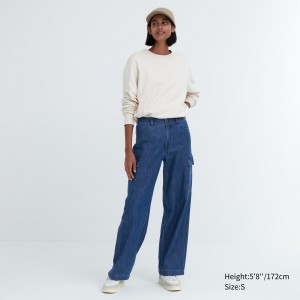 Jeans Uniqlo Denim Wide Straight Leg Cargo Trousers Long Mujer Azules | 471-HQDCMA