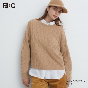 Jerséis Uniqlo 100pct Cashmere Cable Knit Crew Neck Cropped Jumper Mujer Beige | 734-RWXMOJ