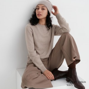 Jerséis Uniqlo 100pct Cashmere Crew Neck Jumper Mujer Beige | 253-RPAKOI