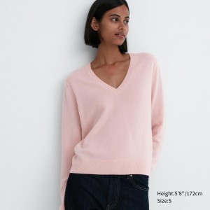 Jerséis Uniqlo 100pct Cashmere V Neck Jumper Mujer Rosas | 980-QBNDJI