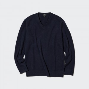 Jerséis Uniqlo 100pct Cashmere V Neck Jumper Hombre Azul Marino | 827-FRJHQK