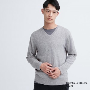 Jerséis Uniqlo 100pct Cashmere V Neck Jumper Hombre Gris | 435-DZTJAR