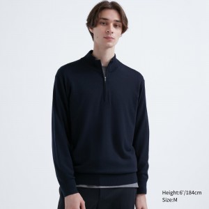 Jerséis Uniqlo 100pct Extra Fine Merino Half Zipped Jumper Hombre Azul Marino | 642-INEOHT