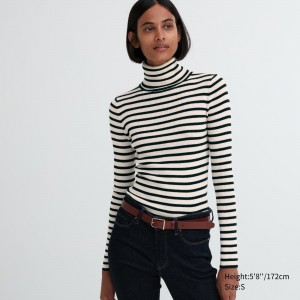 Jerséis Uniqlo 100pct Extra Fine Merino Ribbed Striped Turtleneck Jumper Mujer Blancas | 514-BQZOYJ