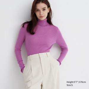 Jerséis Uniqlo 100pct Extra Fine Merino Ribbed Turtleneck Jumper Mujer Moradas | 982-HGZDMU