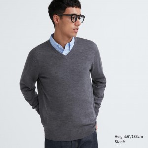 Jerséis Uniqlo 100pct Extra Fine Merino V Neck Jumper Hombre Gris | 762-DYUELP