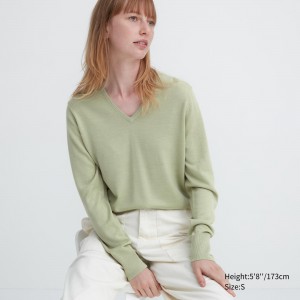 Jerséis Uniqlo 100pct Extra Fine Merino V Neck Jumper Mujer Verde | 034-PQDYBU