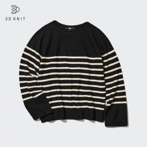 Jerséis Uniqlo 3d Knit Seamless Cotton Striped Crew Neck Jumper Mujer Negras | 631-UEYDOJ