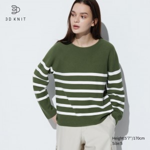 Jerséis Uniqlo 3d Knit Seamless Cotton Striped Crew Neck Jumper Mujer Verde Oliva | 316-XMWORB