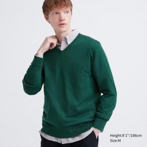 Jerséis Uniqlo Extra Fine Merino V Neck Jumper Hombre Verde | 612-TEOUPY