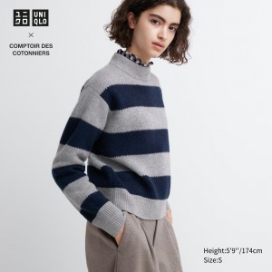 Jerséis Uniqlo Lambswool Striped Jumper Mujer Gris | 483-ZQSXIC