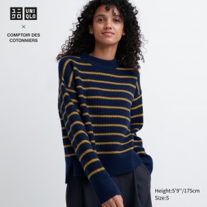 Jerséis Uniqlo Lambswool Striped Jumper Mujer Azul Marino | 376-ETPZVY