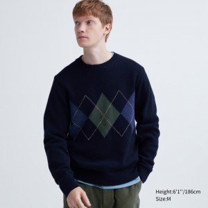 Jerséis Uniqlo Premium Lambswool Argyle Crew Neck Jumper Hombre Azul Marino | 695-IBEOHA